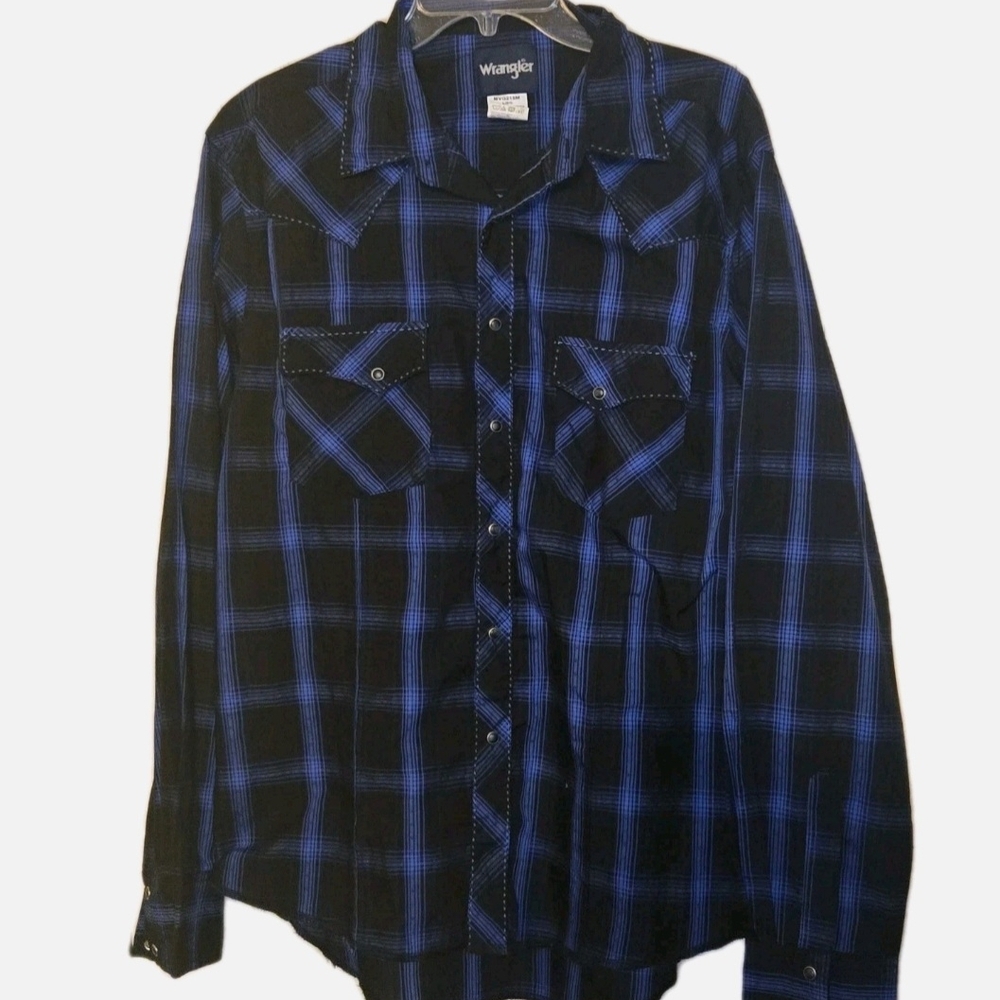 Wrangler Western Shirt Mens Large Black Blue Stripe Snap Front Pearl Buttons